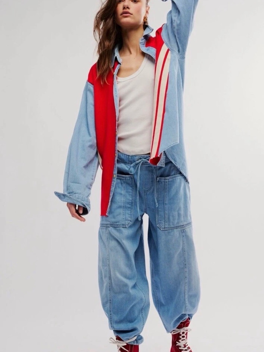 Free People x Tricia Fix Mixed Emotions Shirt Denim Sweatshirt Uncycled Rework - Picture 2 of 6